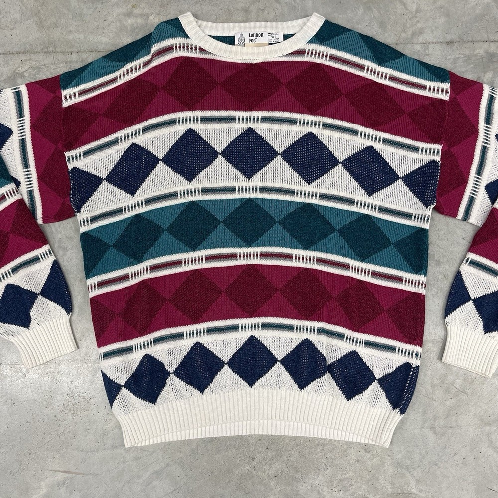 Vintage London Fog Men’s XLT Geometric Crew Neck Sweater Colorful USA