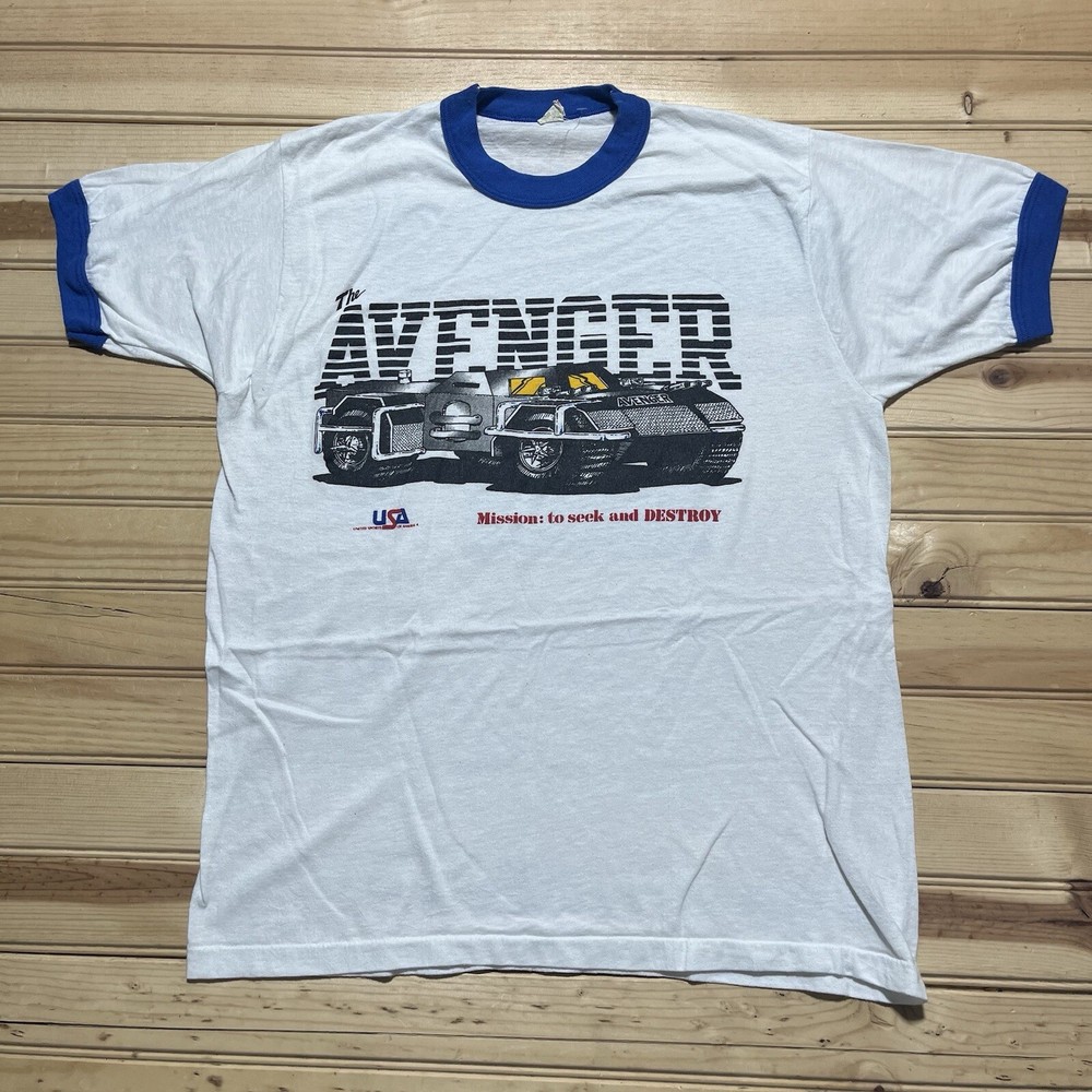 Vintage 80s The Avenger Mission To Seek & Destroy Military Ringer Shirt Size XL