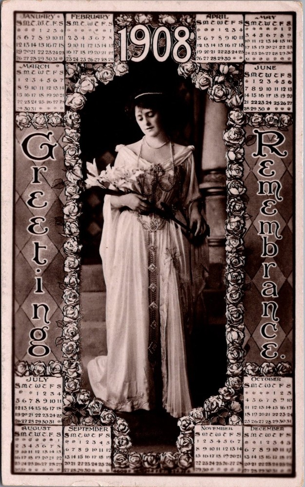 1908 Calendar Postcard Real Photo RPPC Edwardian Woman Lynn MA Postmark
