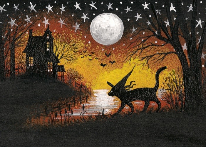 5x7 PRINT OF PAINTING RYTA HALLOWEEN BLACK CAT WITCH HAUNTED HOUSE FOLK ART 🎃