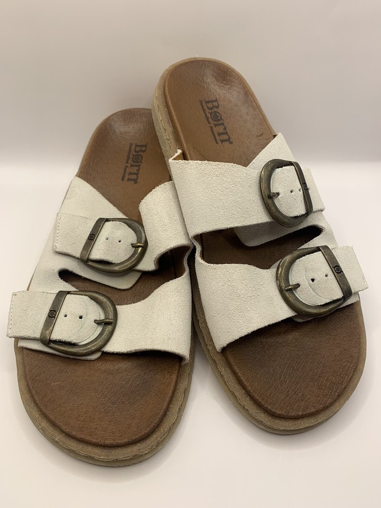Born Calysta Womens Slide Size 7M Ivory Cream Suede Strappy Slip On Sandals