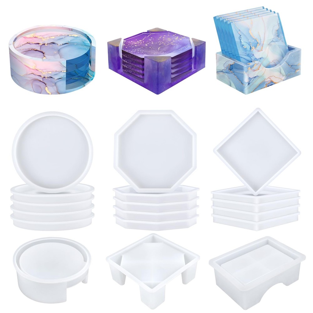 18-piece DIY epoxy resin coaster molds set with storage box