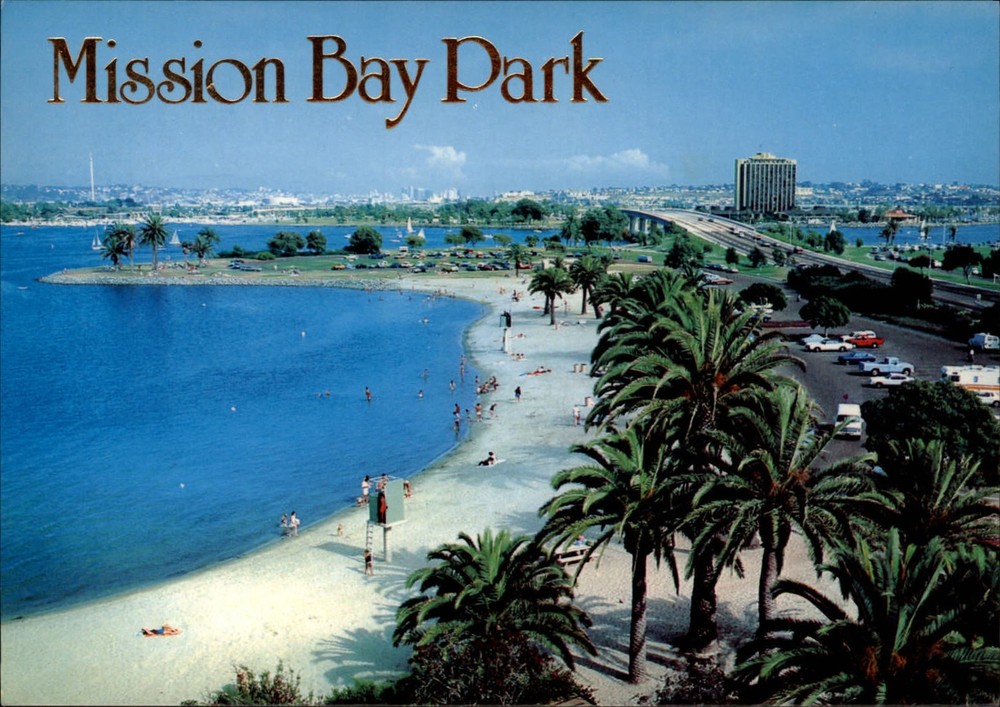 California San Diego Mission Bay Park beach aerial view ~ 1991 postcard sku599