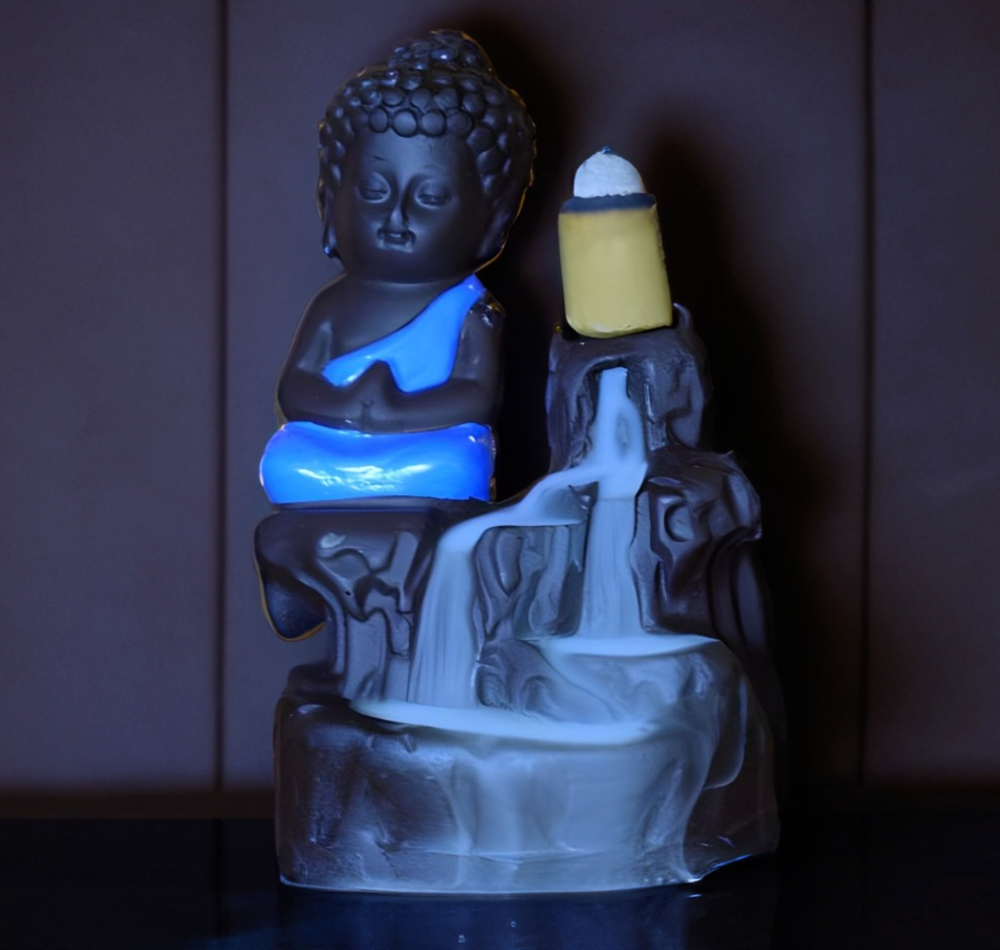 Incense Holder Meditating Monk Buddha Smoke Back flow Fountain II Home Decor