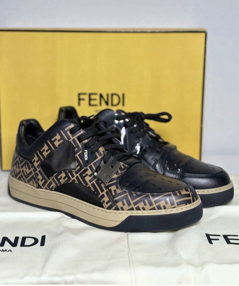 FENDI Zucca Black and Brown Leather Mesh Men's Sneakers Made In Italy Size US 9