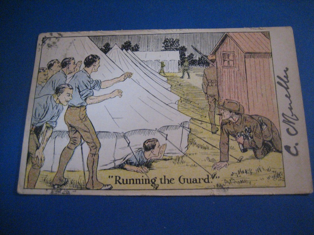 Antique Military Postcard  Running The Guard Tents Soldiers