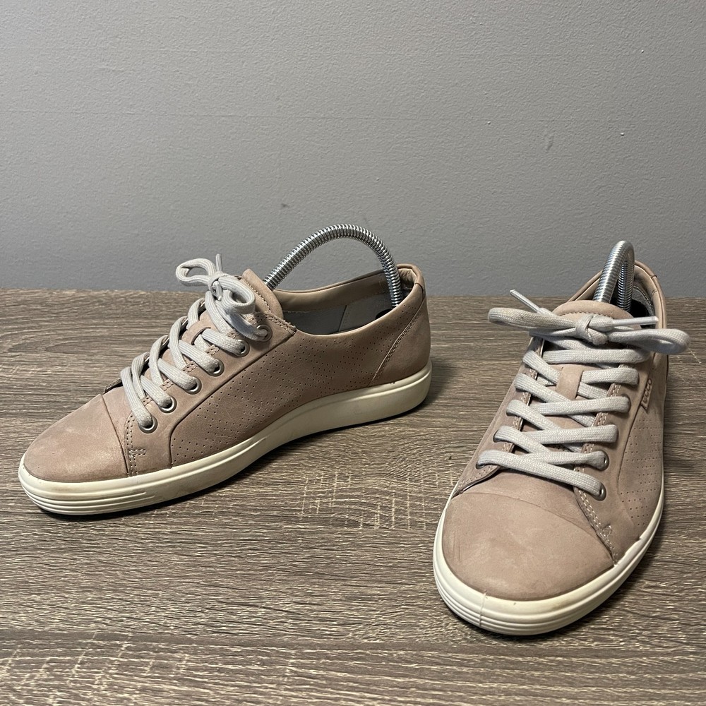Ecco Soft 7 Low Womens Sz 8 Shoes Taupe Walking Leather Lace Up Casual Sneakers