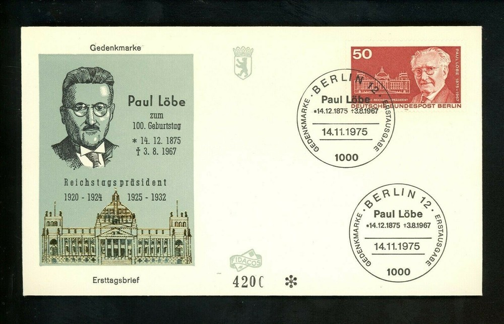 Postal History Germany FDC #9N383 Paul Lobe Parliament 1975