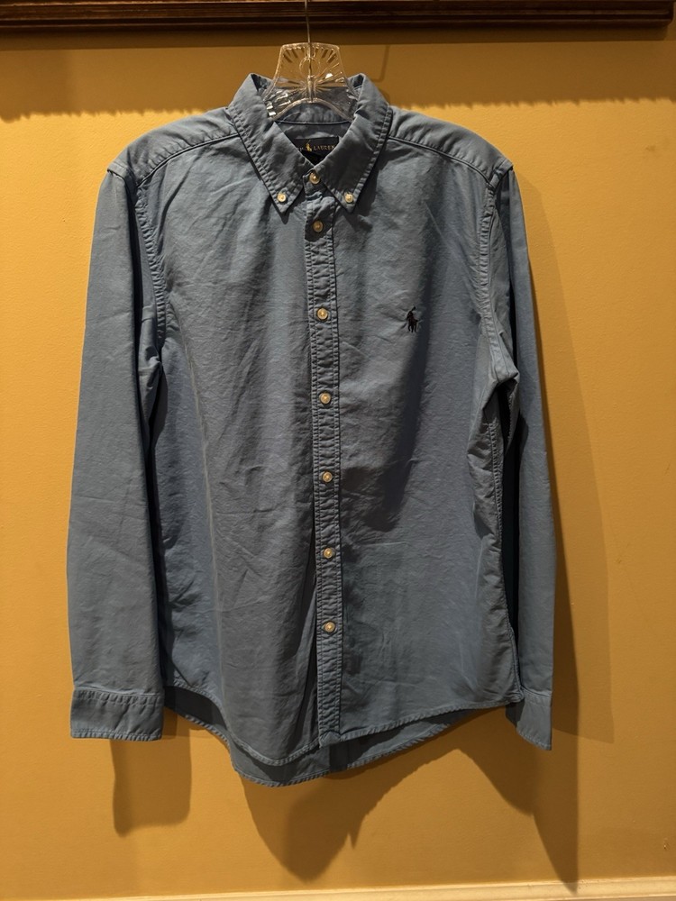 Ralph Lauren Boys Blue Button Down With Navy Logo, Size XL (18-20)