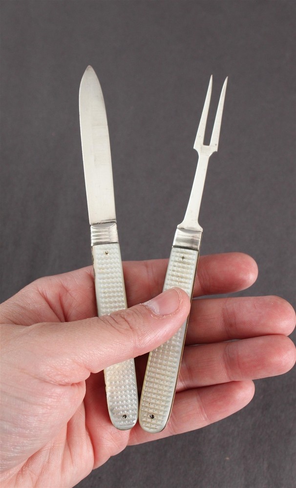 Antique 19thC Georgian Sheffield Sterling Silver MOP Folding Fruit Knife & Fork1821 & 1825 Hallmarks... 1.22 Troy Ounces... NO RESERVE