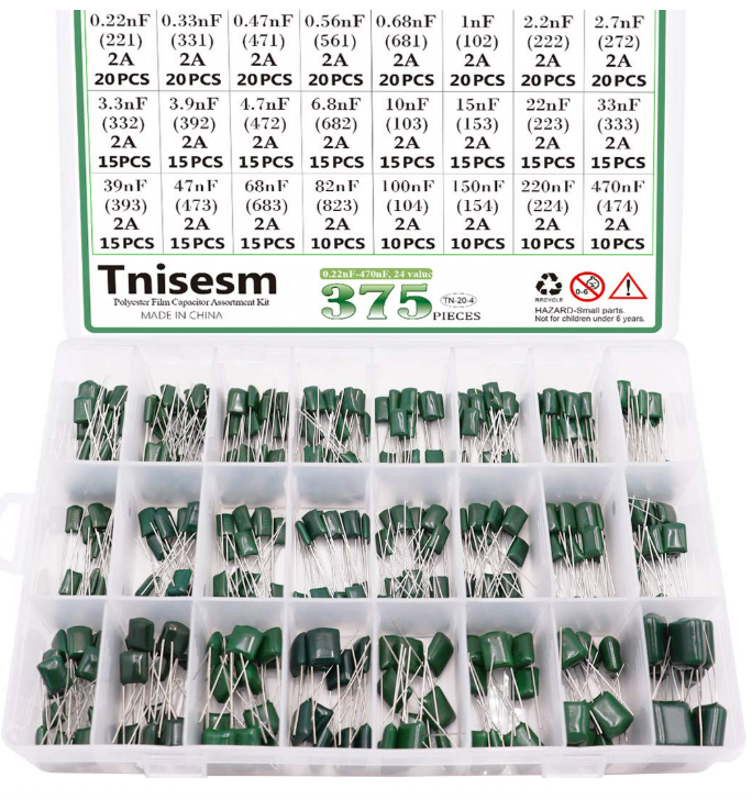 375 PCS 24 Value Metalized Mylar Polyester Film Capacitors Assortment Kit Tools