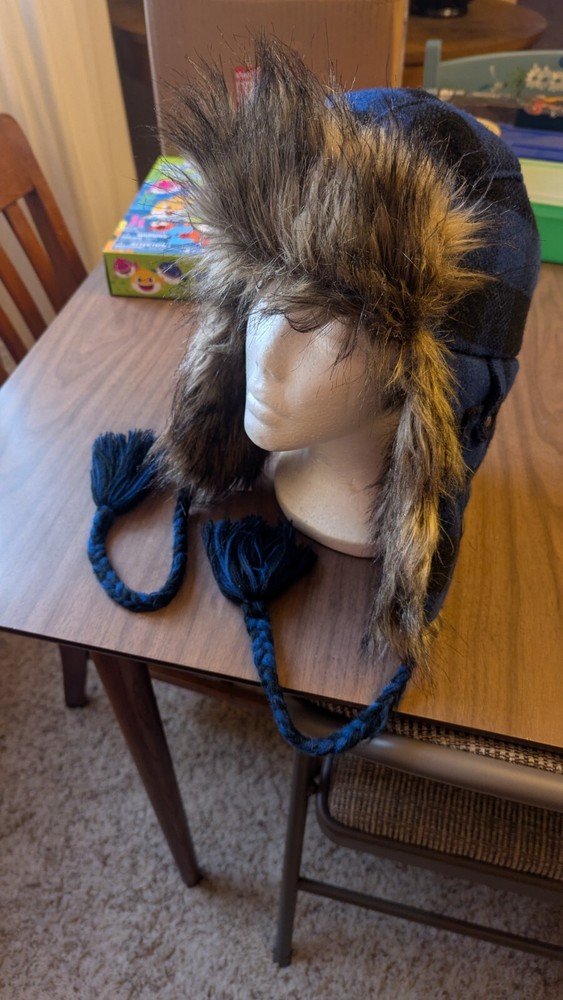 AMERICAN EAGLE Poly/Wool Blue Trapper Aviator Hat Faux Fur L