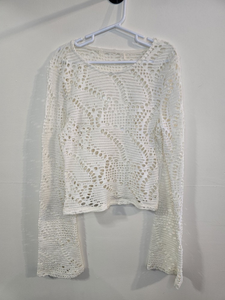 Cream Crochet Bell Sleeve Top Boho Festival Fairycore Coastal Open Knit XS-S
