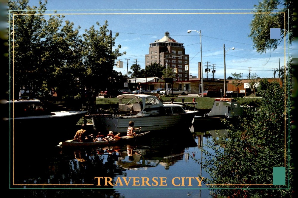Traverse City, Michigan - Park Place on Boardman River Waterfront Postcard