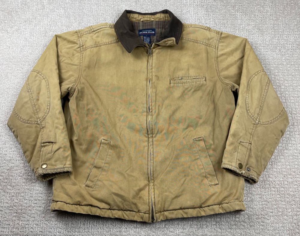 Vintage Class Club Jacket Men L Tan Canvas Detroit Style Leather Collar Workwear