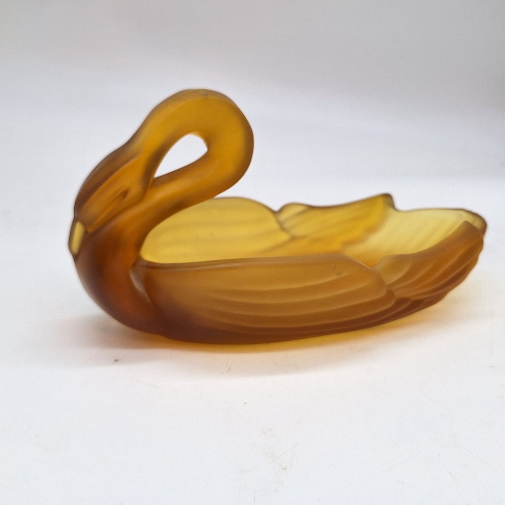 Vintage art deco glass swan soap trinket dish elegant satin frosted amber glass