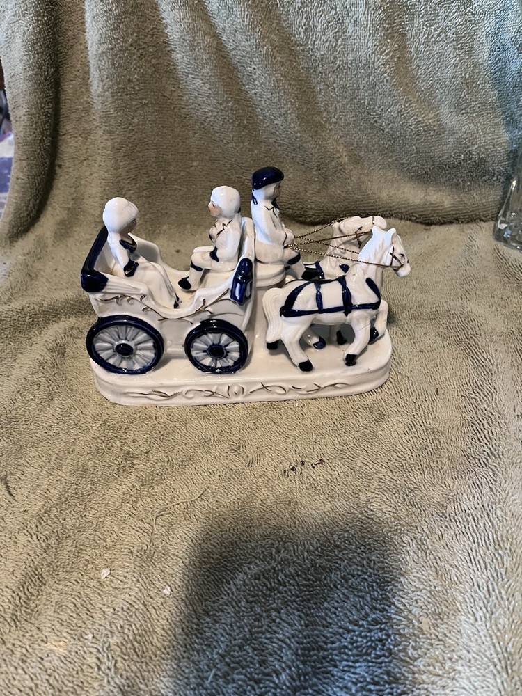 Vintage Porcelain Horse Drawn Carriage Figurine  Blue White
