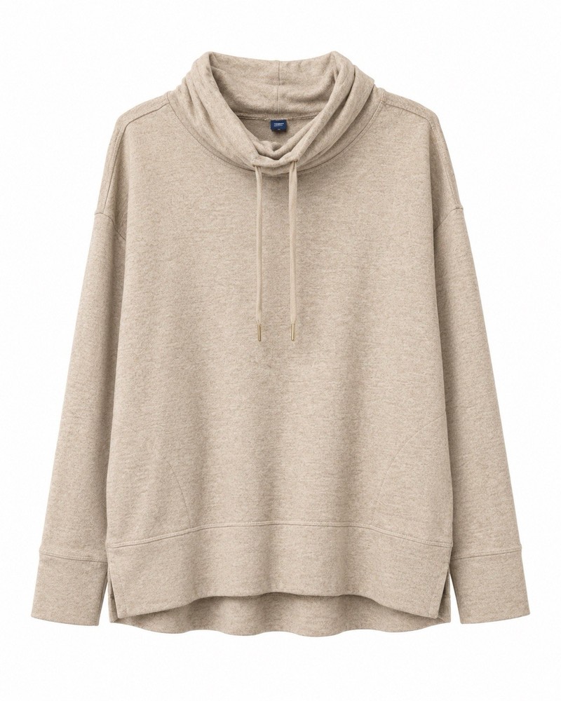 Beige Cowl Neck Pullover Drawstring Women's Sweatshirt Size M Long Sleeve