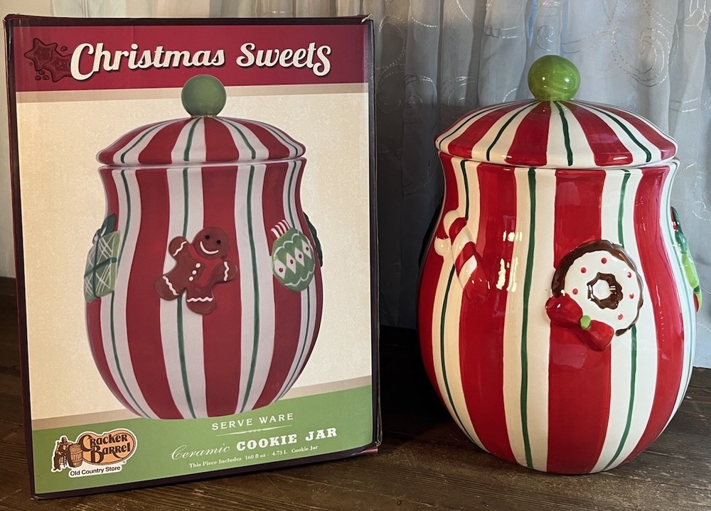 Cracker Barrel - Christmas Sweets - Red Stripe Ceramic Cookie Jar