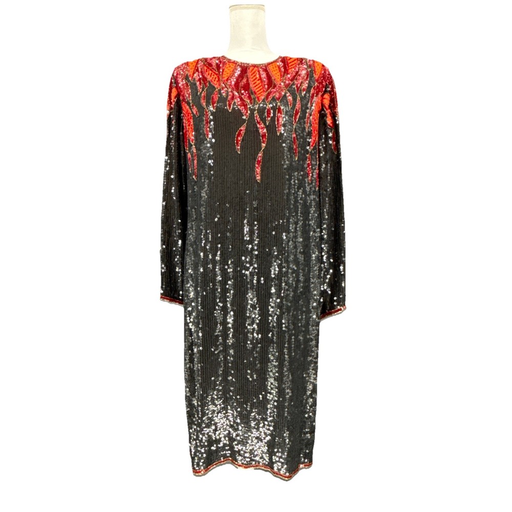 Neiman Marcus Vintage Beaded Sequin Dress M Silk Rayon Long Sleeve