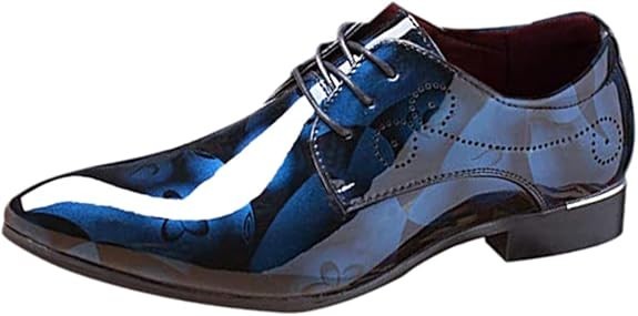 Santimon Men's US 7.5 - 13 Blue Floral Printed Patent Leather Dress Oxford Shoes