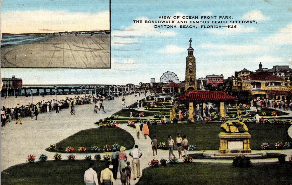 Daytona Beach FL Ocean Front Park Boardwalk & Beach Speedway Vtg Postcard View