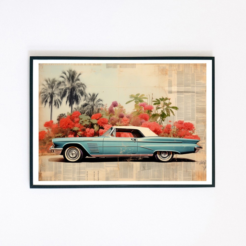 Retro Car Palm Tree Abstract Pop Art Collage Illustration 7x5 Wall Decor Print-image
