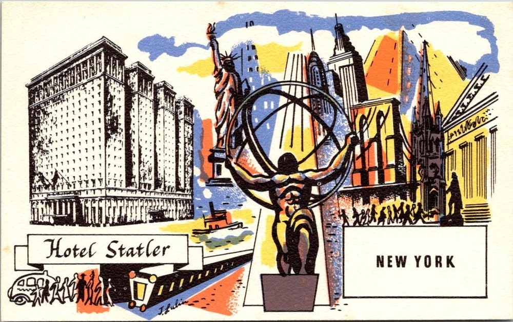 Hotel Statler New York City 1950s Postcard J.E. Dulac NYC Landmarks Art