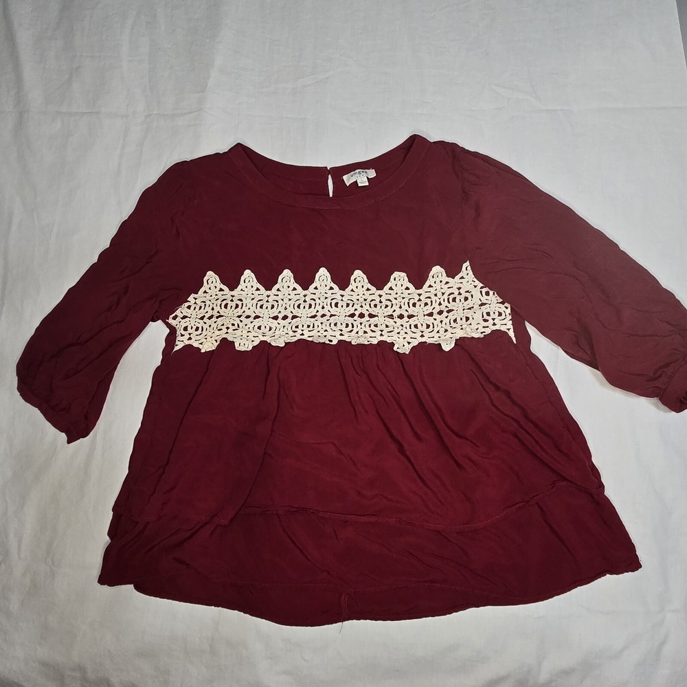 Umgee Blouse 3/4 Sleeve Top Flowy Tiered Crochet Accent Peasant Boho Size Large
