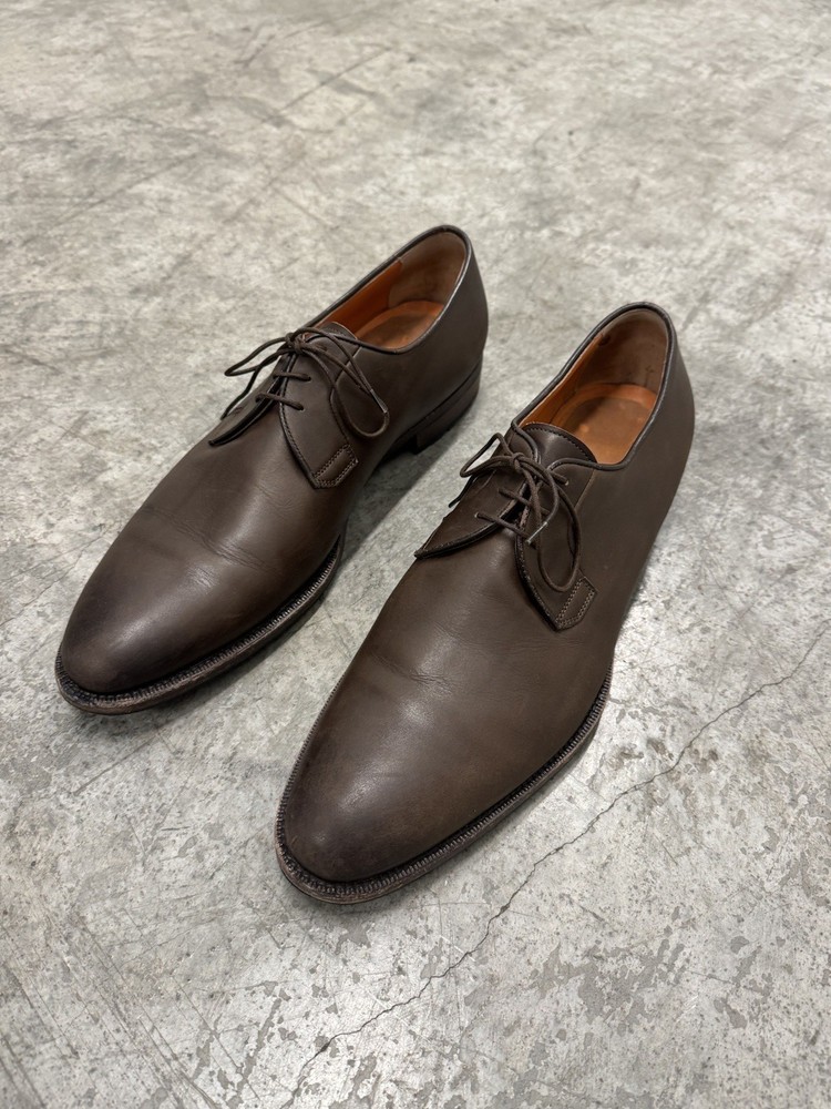 Santoni Men's Brown Leather Plain Toe Derby Dress Shoe Size 12 D