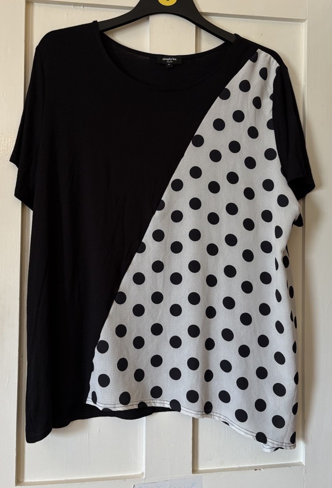Simply Be Black Polka Dot Crepe Front / Jersey Back Top UK24