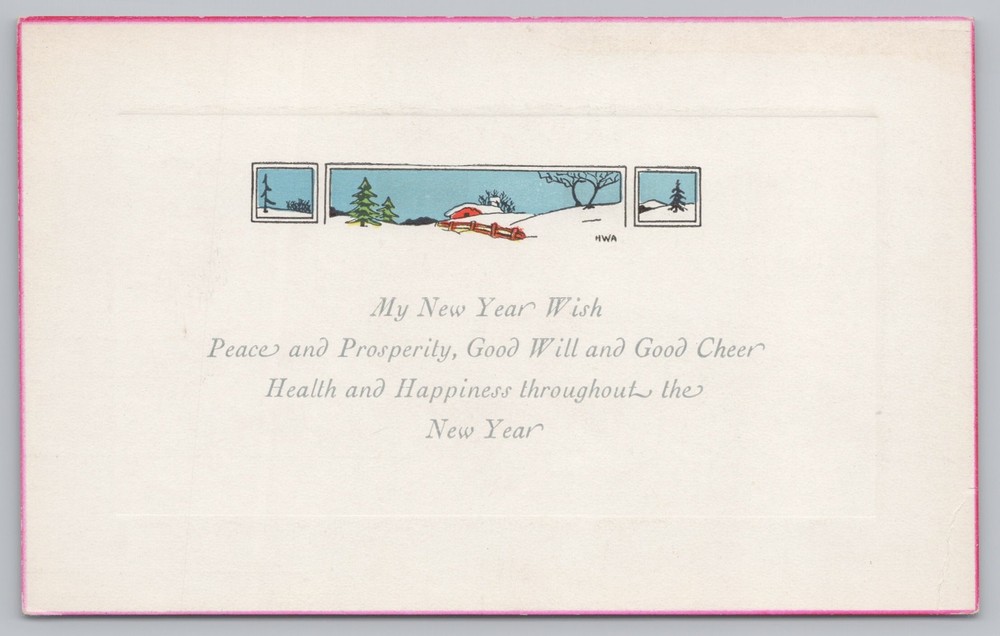 Holiday~New Year~Snowy Path to Cottage~Pink Border~Vintage Postcard