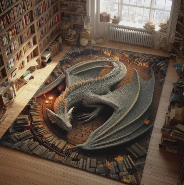 3D Sleeping Dragon Rug, Fantasy Library Optical Illusion Area Carpet Doormat