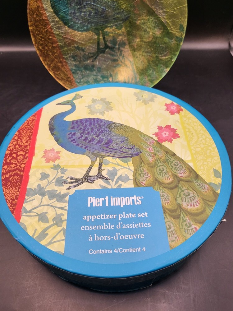 Pier 1 Imports - Set of 4 Peacock Brushed Foil Appetizer Dessert Plates in Box