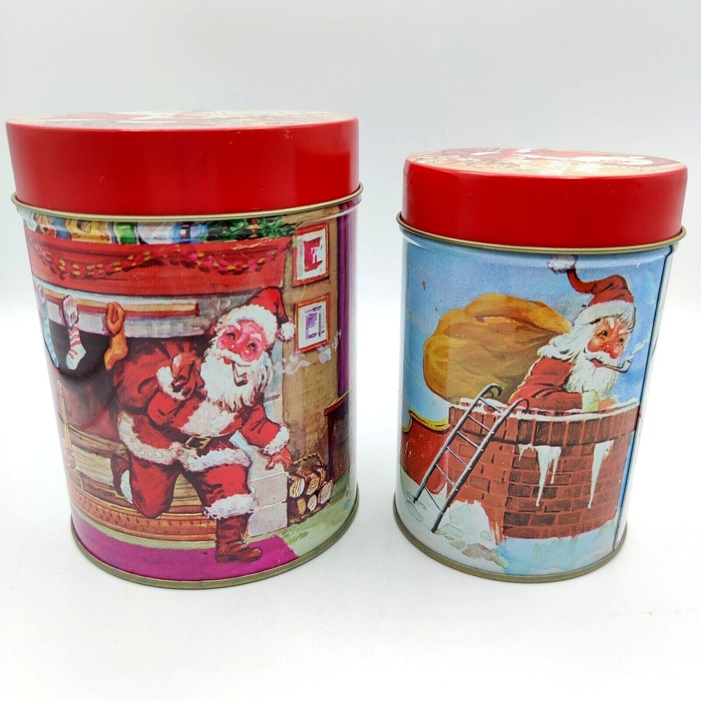 Vintage 1980s Christmas Santa Claus Canister Set of 2 Metal Tins Made Hong Kong