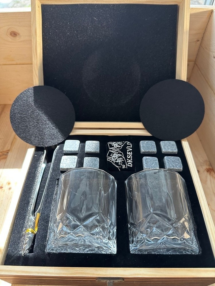 Premium Whiskey Stones Set – 2 Glasses, Reusable Chilling Stones, Wood Gift Box