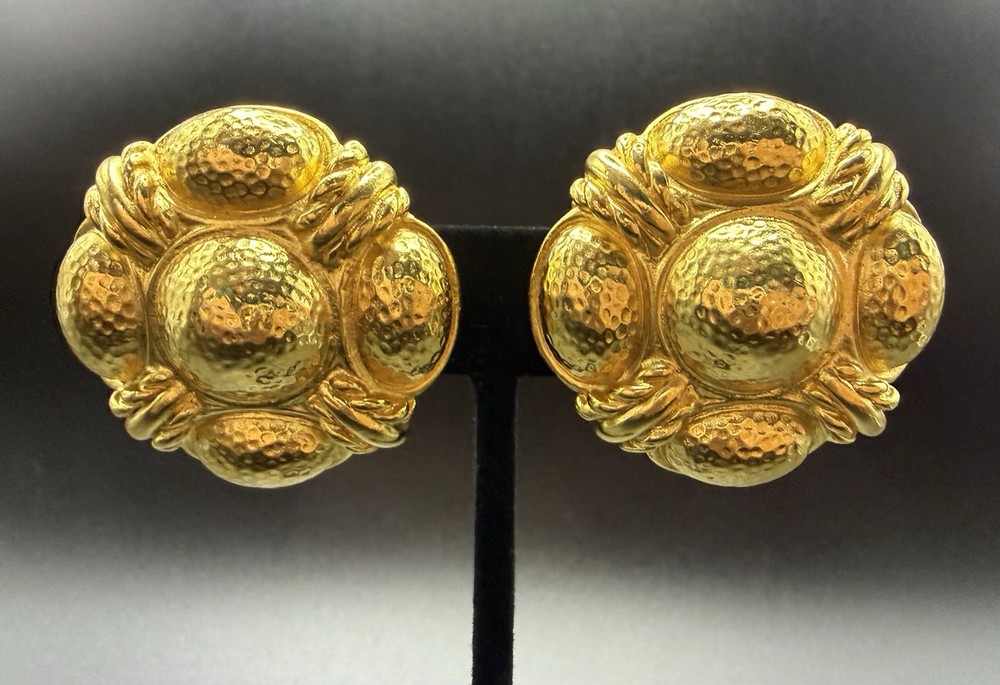 Vintage Christian Dior Germany Gold Earrings, 1970s–80s, 1.75”, Signed Chr. Dior