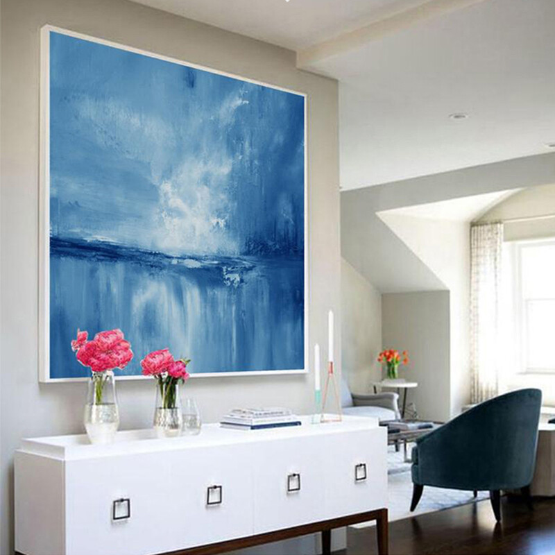 Handmade Abstract Blue Oil Painting On Canvas Hand Painted Landscape Painting