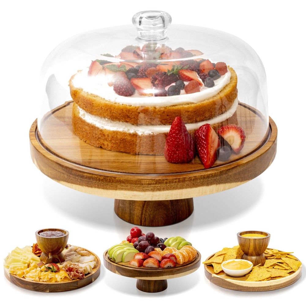 Acacia Wood Cake Stand with Dome Lid 2-in-1 Round Display-image