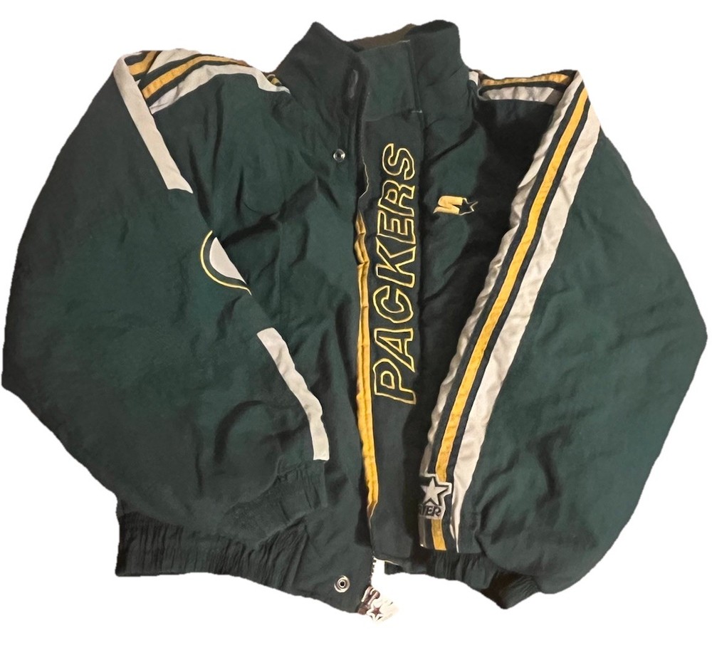 VTG Starter Pro Line Green Bay Packers 1/4 Zip Pullover Hood Jacket Size L NFL Vintage