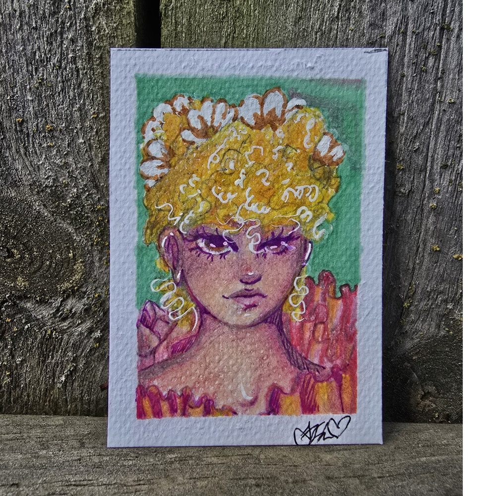 ACEO Original Art • HoneyBee • Floral Fantasy Portrait • Eschen Sketch