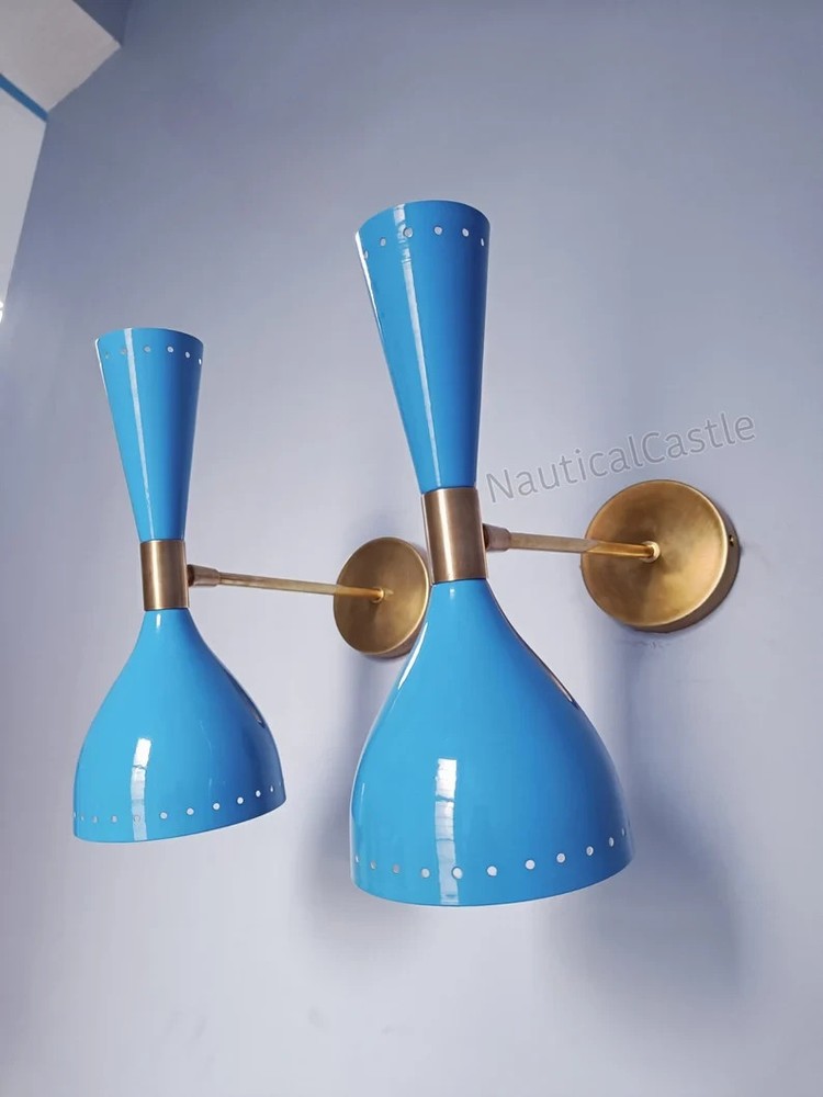 Italian Diabolo Wall Sconces Mid-Century Modern Sky Blue & Brass Pair Lamp