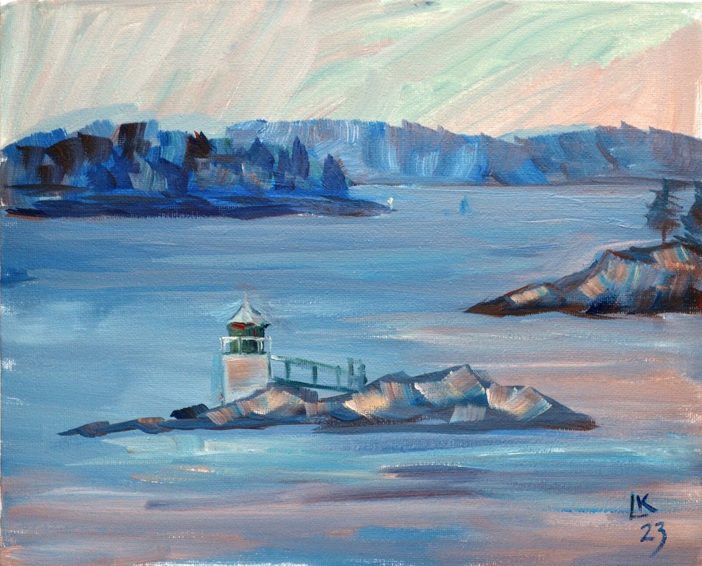 Coastal Landscape Painting Lighthouse Blue Waters Textured Canvas Artwork