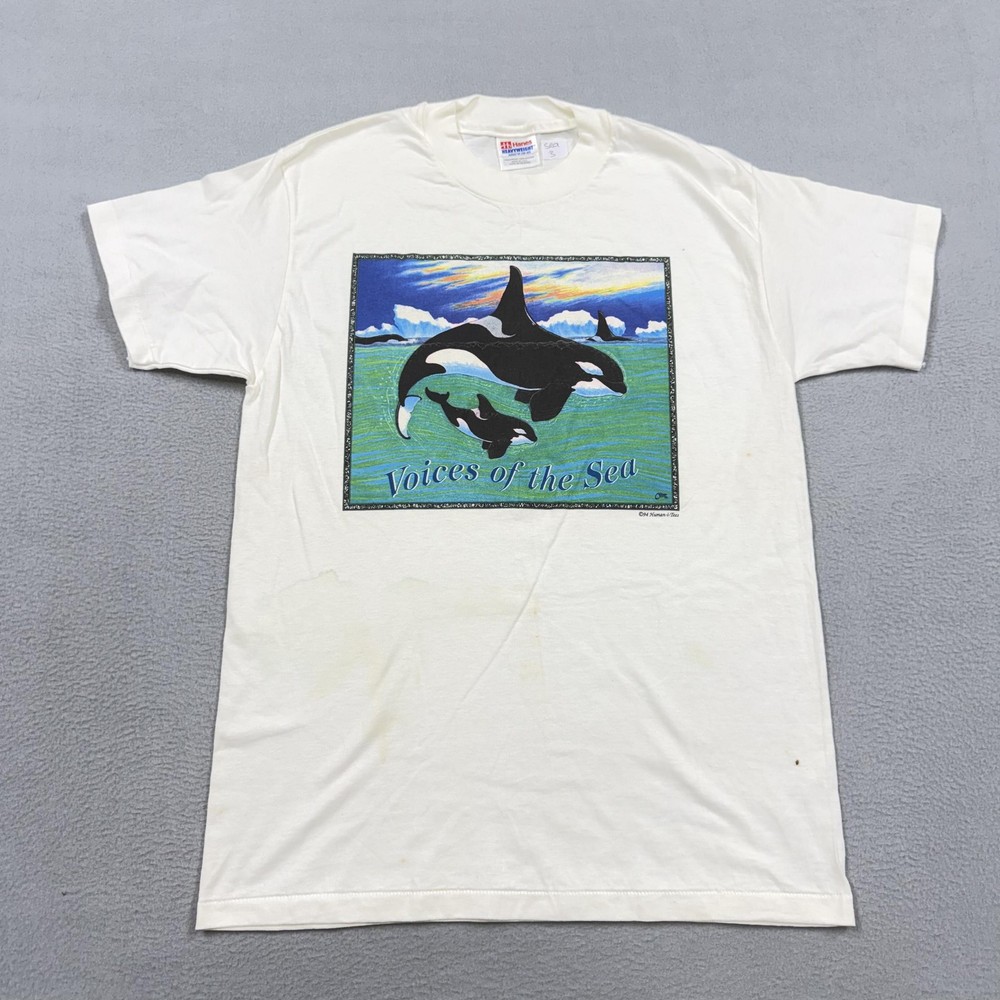 Vintage Hanes Shirt Mens Medium White Voices Of Sea Whale Graphic Tee USA 90s