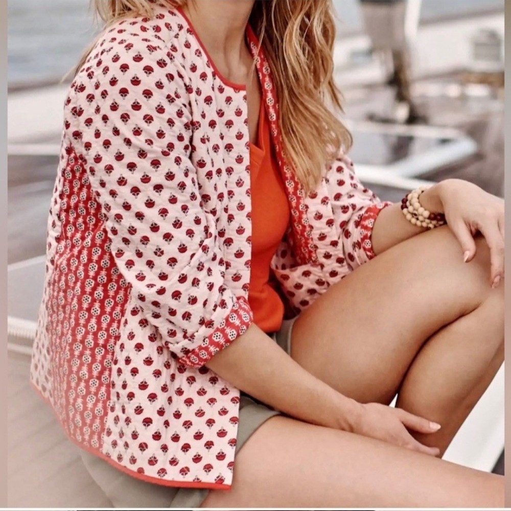 Jill Womens Large Light Mixed Print Quilted Cotton Cropped Jacket