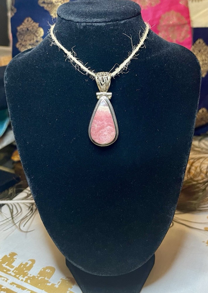 Vintage Teardrop Natural Pink Rhodochrosite and Sterling Silver 925 Pendant