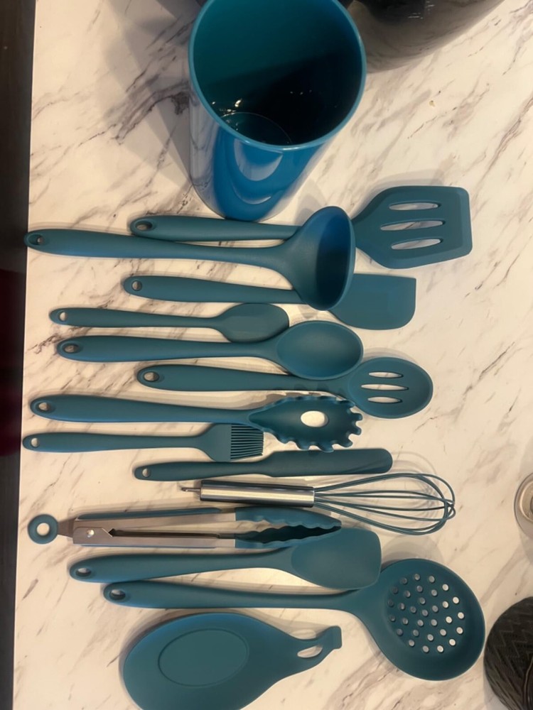 Teal Blue Kitchen Utensils Set 15piece Silicone Cooking Utensils With Holder Non