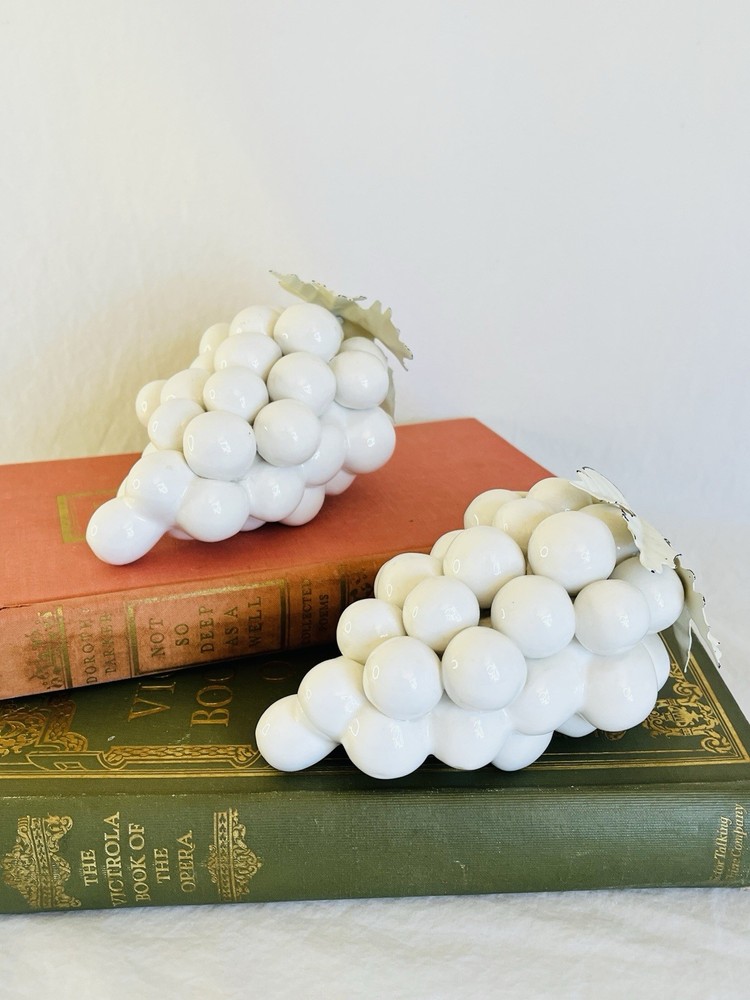 Vintage White Ceramic Glass Grape Clusters With Metal Leaves Set of Two