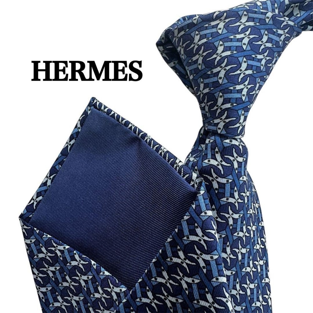 HERMES Necktie Tie All over horse hoof pattern Navy 100% Silk Made in France
