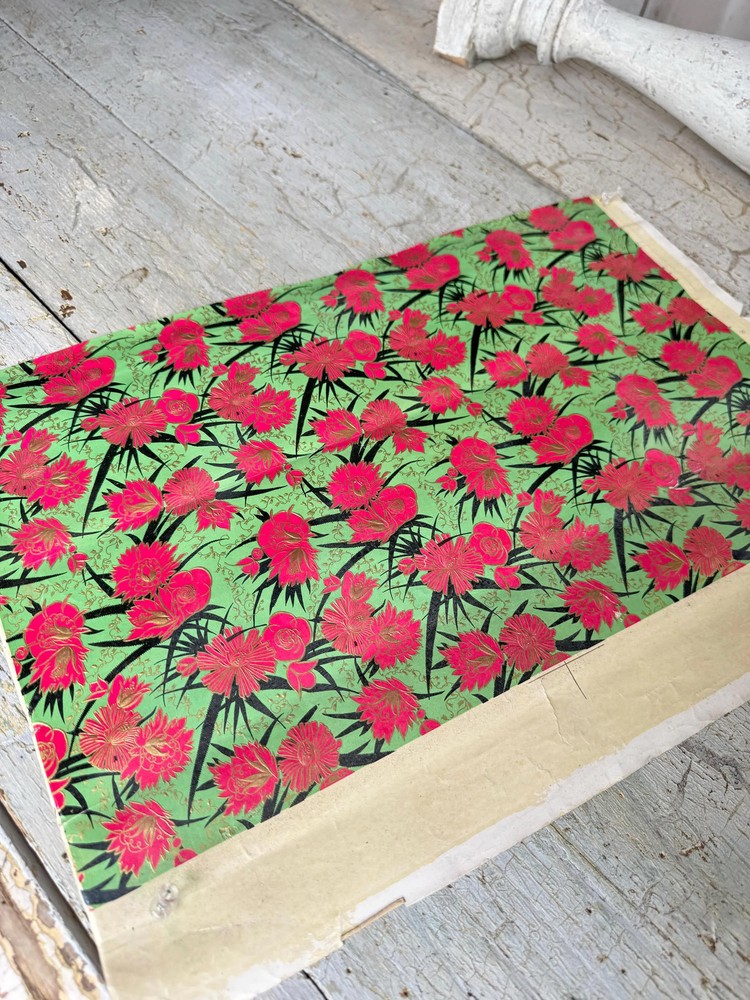 16x10 French Wallpaper Sample c1920s 1930s Glossy Pink Floral Green Black Gold